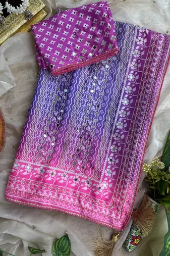 Lavender Color Digital Print ,Hand Aari Work and Hand Khatli work Silk Blend Saree