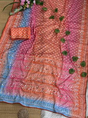 Orange Color Digital Print ,Hand Aari Work and Hand Khatli work Silk Blend Saree 1