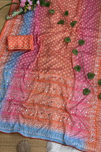 Orange Color Digital Print ,Hand Aari Work and Hand Khatli work Silk Blend Saree