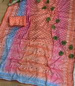 Orange Color Digital Print ,Hand Aari Work and Hand Khatli work Silk Blend Saree