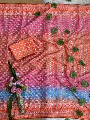 Orange Color Digital Print ,Hand Aari Work and Hand Khatli work Silk Blend Saree 2