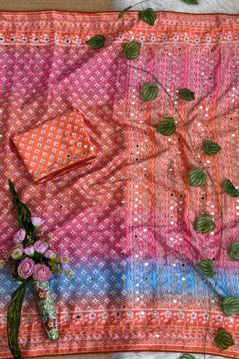 Orange Color Digital Print ,Hand Aari Work and Hand Khatli work Silk Blend Saree