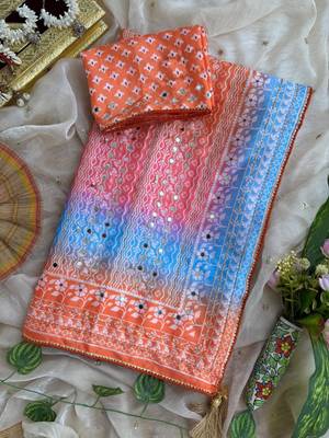 Orange Color Digital Print ,Hand Aari Work and Hand Khatli work Silk Blend Saree 3