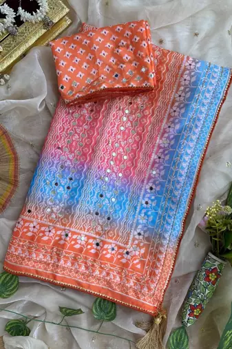Orange Color Digital Print ,Hand Aari Work and Hand Khatli work Silk Blend Saree