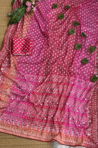 Pink Color Digital Print ,Hand Aari Work and Hand Khatli work Silk Blend Saree