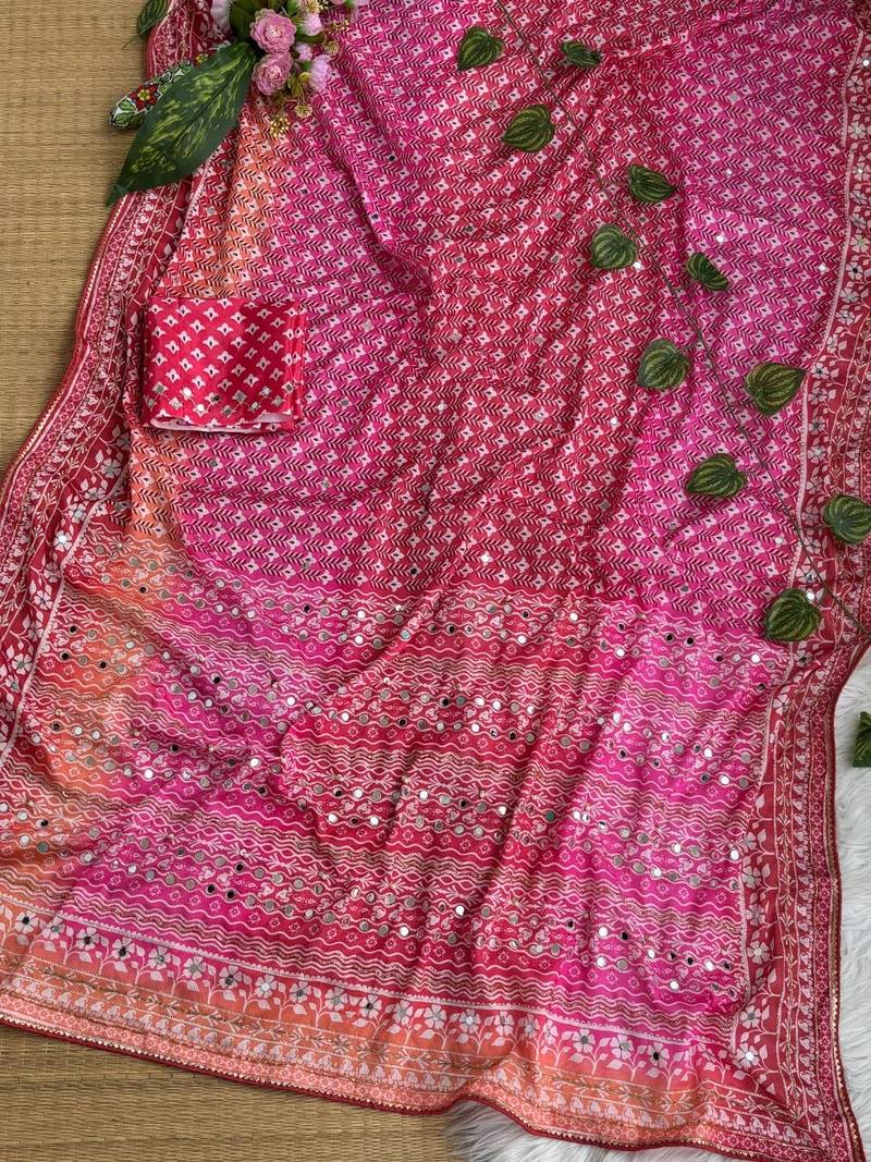 Pink Color Digital Print ,Hand Aari Work and Hand Khatli work Silk Blend Saree