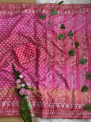 Pink Color Digital Print ,Hand Aari Work and Hand Khatli work Silk Blend Saree 2