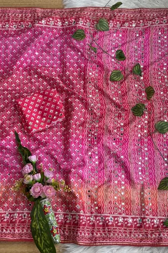 Pink Color Digital Print ,Hand Aari Work and Hand Khatli work Silk Blend Saree