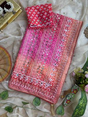 Pink Color Digital Print ,Hand Aari Work and Hand Khatli work Silk Blend Saree 3