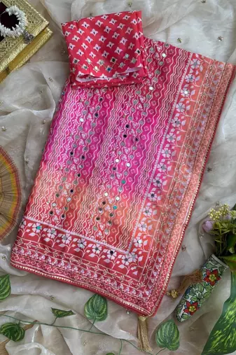 Pink Color Digital Print ,Hand Aari Work and Hand Khatli work Silk Blend Saree