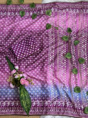 Purple Color Digital Print ,Hand Aari Work and Hand Khatli work Silk Blend Saree 1