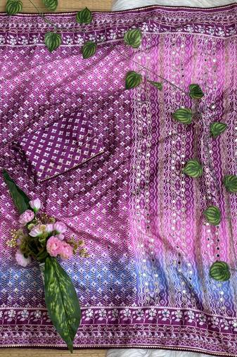Purple Color Digital Print ,Hand Aari Work and Hand Khatli work Silk Blend Saree