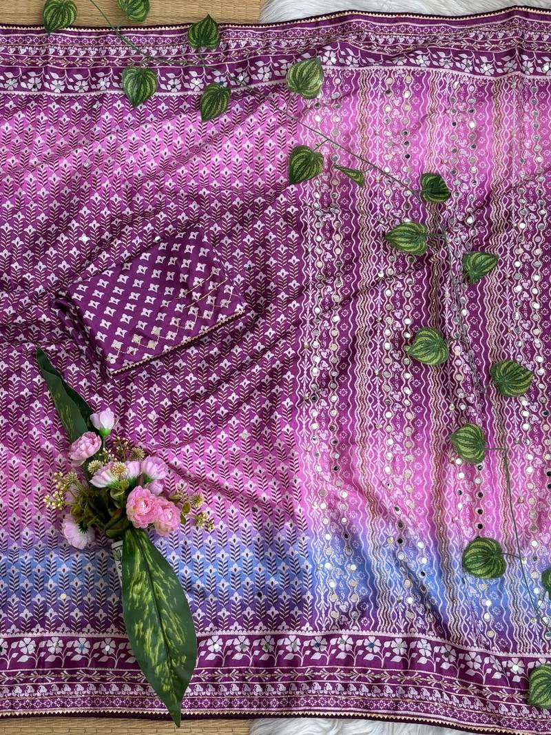 Purple Color Digital Print ,Hand Aari Work and Hand Khatli work Silk Blend Saree