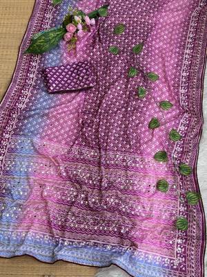 Purple Color Digital Print ,Hand Aari Work and Hand Khatli work Silk Blend Saree 2