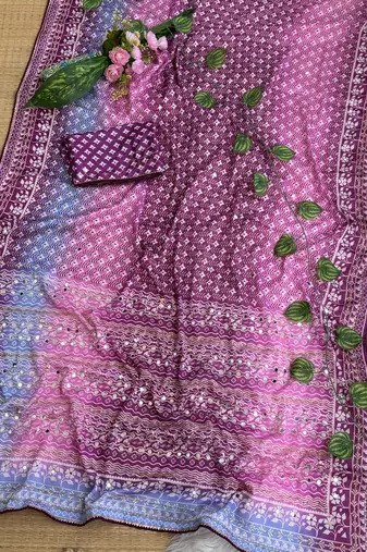Purple Color Digital Print ,Hand Aari Work and Hand Khatli work Silk Blend Saree