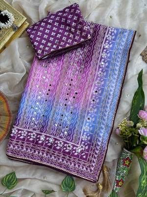 Purple Color Digital Print ,Hand Aari Work and Hand Khatli work Silk Blend Saree 3