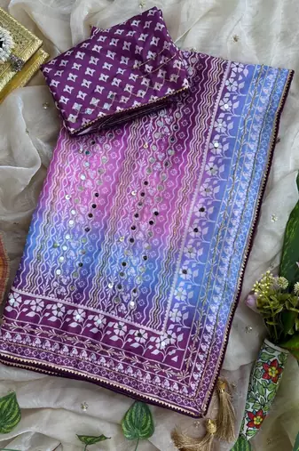Purple Color Digital Print ,Hand Aari Work and Hand Khatli work Silk Blend Saree
