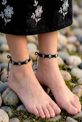Black Thread Macrame Anklet with Silver Plated Flower Charms | Adjustable Boho Ankle Bracelet  1