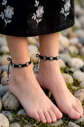 Black Thread Macrame Anklet with Silver Plated Flower Charms | Adjustable Boho Ankle Bracelet 
