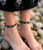 Black Thread Macrame Anklet with Silver Plated Flower Charms | Adjustable Boho Ankle Bracelet 