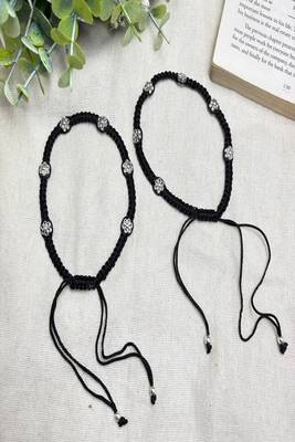 Black Thread Macrame Anklet with Silver Plated Flower Charms | Adjustable Boho Ankle Bracelet  2