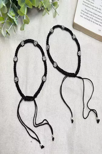 Black Thread Macrame Anklet with Silver Plated Flower Charms | Adjustable Boho Ankle Bracelet 