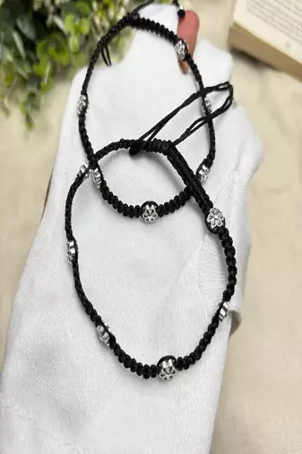Black Thread Macrame Anklet with Silver Plated Flower Charms | Adjustable Boho Ankle Bracelet 
