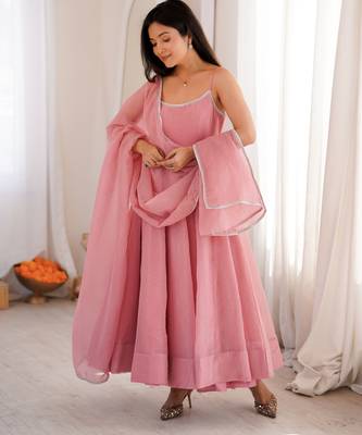 Women's sparkle pink anarkali gown style suit with matching dupatta 1