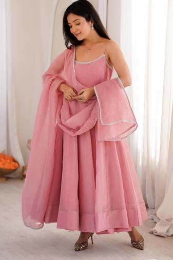Women's sparkle pink anarkali gown style suit with matching dupatta