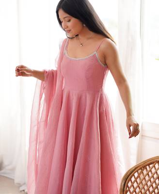 Women's sparkle pink anarkali gown style suit with matching dupatta 4
