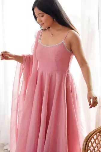 Women's sparkle pink anarkali gown style suit with matching dupatta