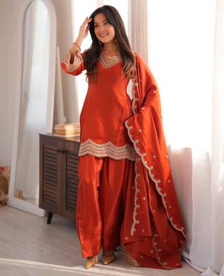 Women's straight fit embroidered kurta set with salwar and dupatta 1