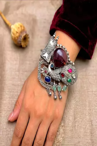 Handcrafted Silver Plated Statement Cuff | Peacock & Fish Motif Fusion Boho Bangle 