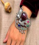 Handcrafted Silver Plated Statement Cuff | Peacock & Fish Motif Fusion Boho Bangle 