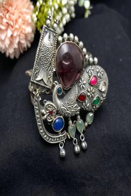 Handcrafted Silver Plated Statement Cuff | Peacock & Fish Motif Fusion Boho Bangle  2