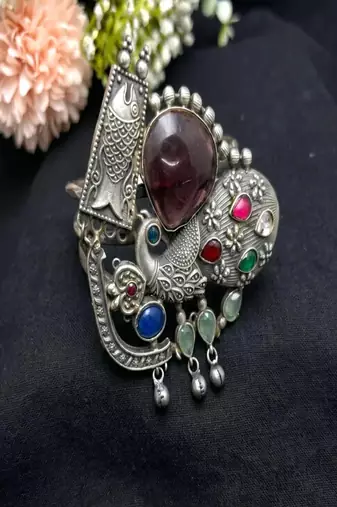 Handcrafted Silver Plated Statement Cuff | Peacock & Fish Motif Fusion Boho Bangle 