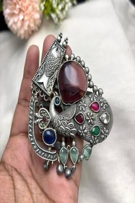 Handcrafted Silver Plated Statement Cuff | Peacock & Fish Motif Fusion Boho Bangle  3