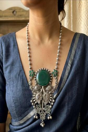 Long Oxidized Silver Statement fusion Necklace with Green Stone, Handcrafted 