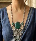 Long Oxidized Silver Statement fusion Necklace with Green Stone, Handcrafted 