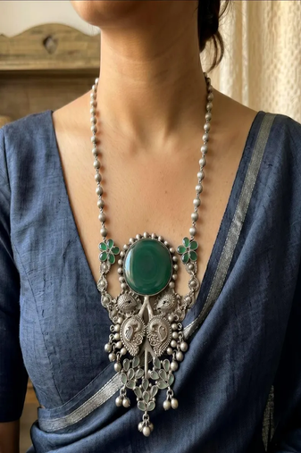 Long Oxidized Silver Statement fusion Necklace with Green Stone, Handcrafted 