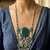 Long Oxidized Silver Statement fusion Necklace with Green Stone, Handcrafted 