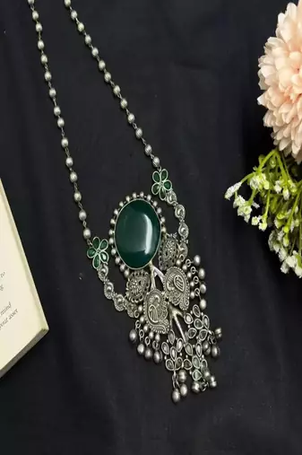 Long Oxidized Silver Statement fusion Necklace with Green Stone, Handcrafted 