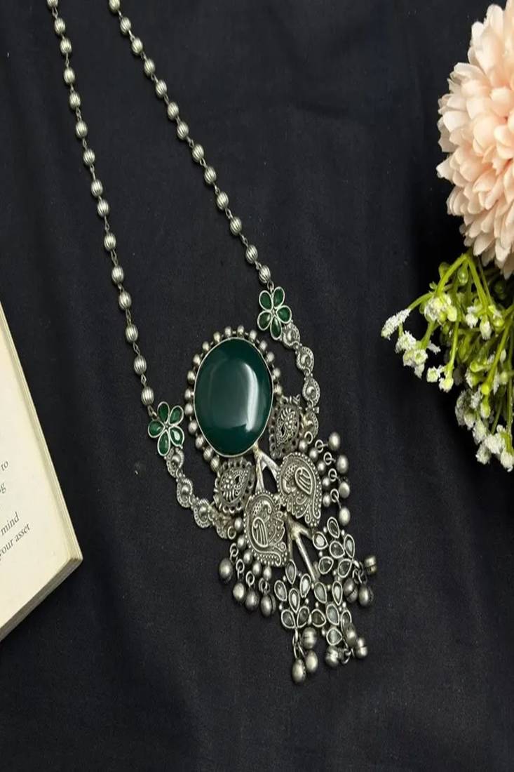 Long Oxidized Silver Statement fusion Necklace with Green Stone, Handcrafted 