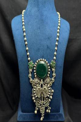 Long Oxidized Silver Statement fusion Necklace with Green Stone, Handcrafted  3