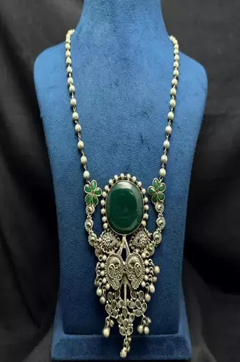 Long Oxidized Silver Statement fusion Necklace with Green Stone, Handcrafted 