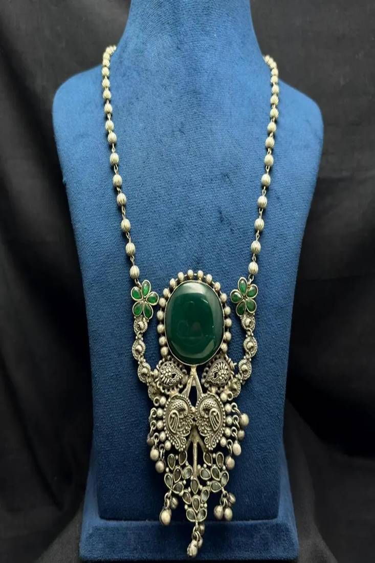 Long Oxidized Silver Statement fusion Necklace with Green Stone, Handcrafted 