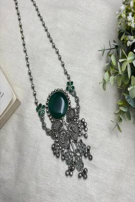 Long Oxidized Silver Statement fusion Necklace with Green Stone, Handcrafted  4