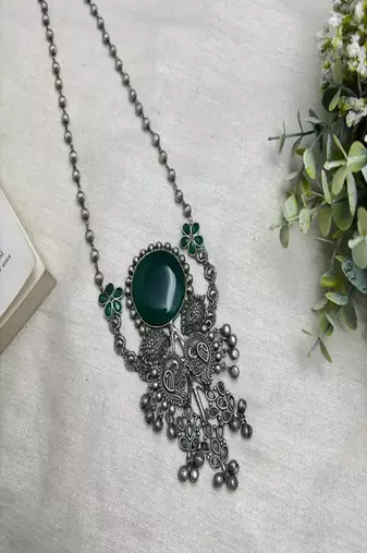 Long Oxidized Silver Statement fusion Necklace with Green Stone, Handcrafted 