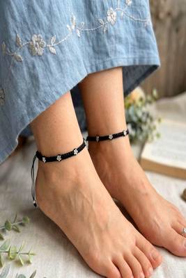 Handmade Black Thread Anklet with Silver Plated Flowers, Adjustable Macrame Ankle Bracelet 1