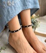 Handmade Black Thread Anklet with Silver Plated Flowers, Adjustable Macrame Ankle Bracelet